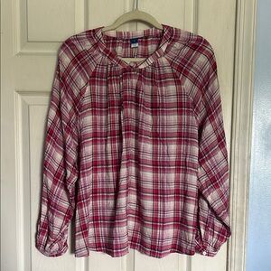 NWT Old Navy white/pink plaid long sleeve poet blouse size large